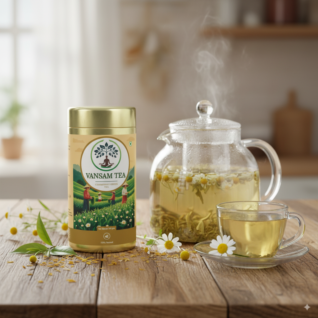 Vansam Tea – Chamomile Green Tea | Calming Herbal Blend for Relaxation & Better Sleep | 100% Natural Ingredients | Light Caffeine | 100gm Loose Leaf