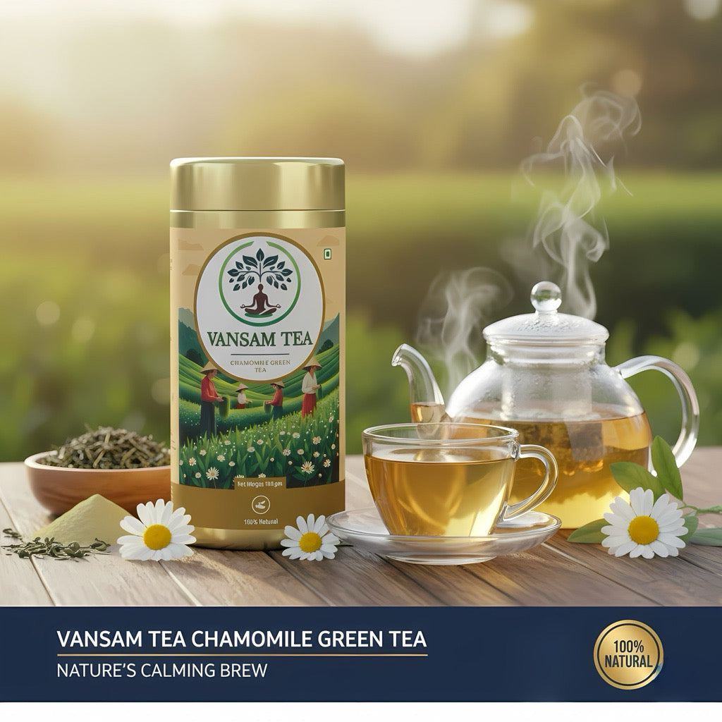Vansam Tea – Chamomile Green Tea | Calming Herbal Blend for Relaxation & Better Sleep | 100% Natural Ingredients | Light Caffeine | 100gm Loose Leaf