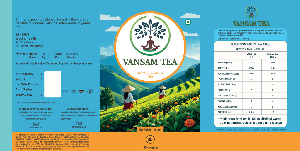 Vansam Tea – Turmeric Green Tea | Natural Anti-Inflammatory Herbal Blend | Supports Immunity, Digestion & Detox | 100% Pure Ingredients | 100gm Loose Leaf