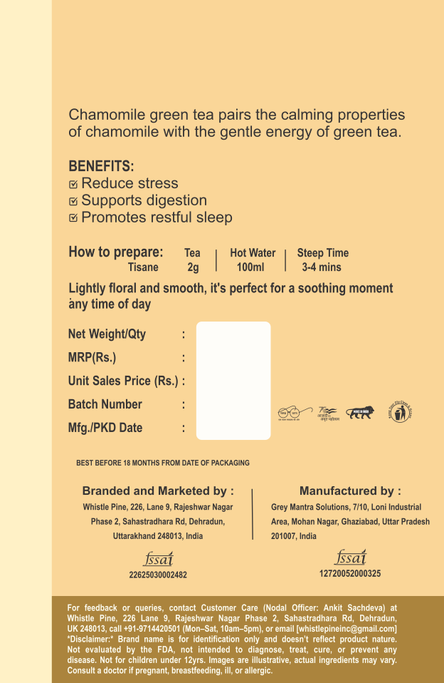 Vansam Tea – Chamomile Green Tea | Calming Herbal Blend for Relaxation & Better Sleep | 100% Natural Ingredients | Light Caffeine | 100gm Loose Leaf