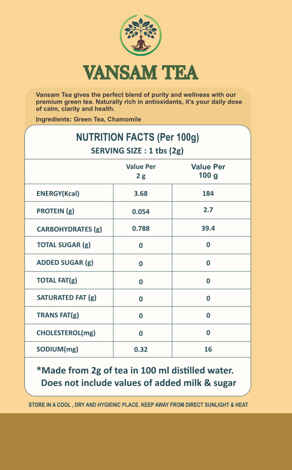Vansam Tea – Chamomile Green Tea | Calming Herbal Blend for Relaxation & Better Sleep | 100% Natural Ingredients | Light Caffeine | 100gm Loose Leaf