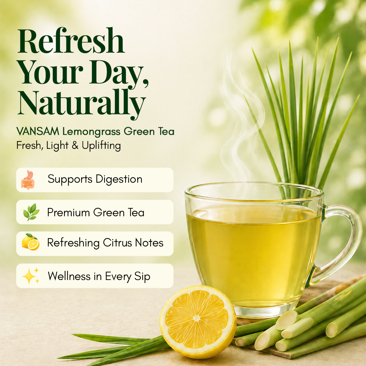 Vansam Tea – Lemongrass Green Tea | Refreshing Herbal Blend for Digestion, Detox & Immunity | 100% Natural Ingredients | 100gm Loose Leaf